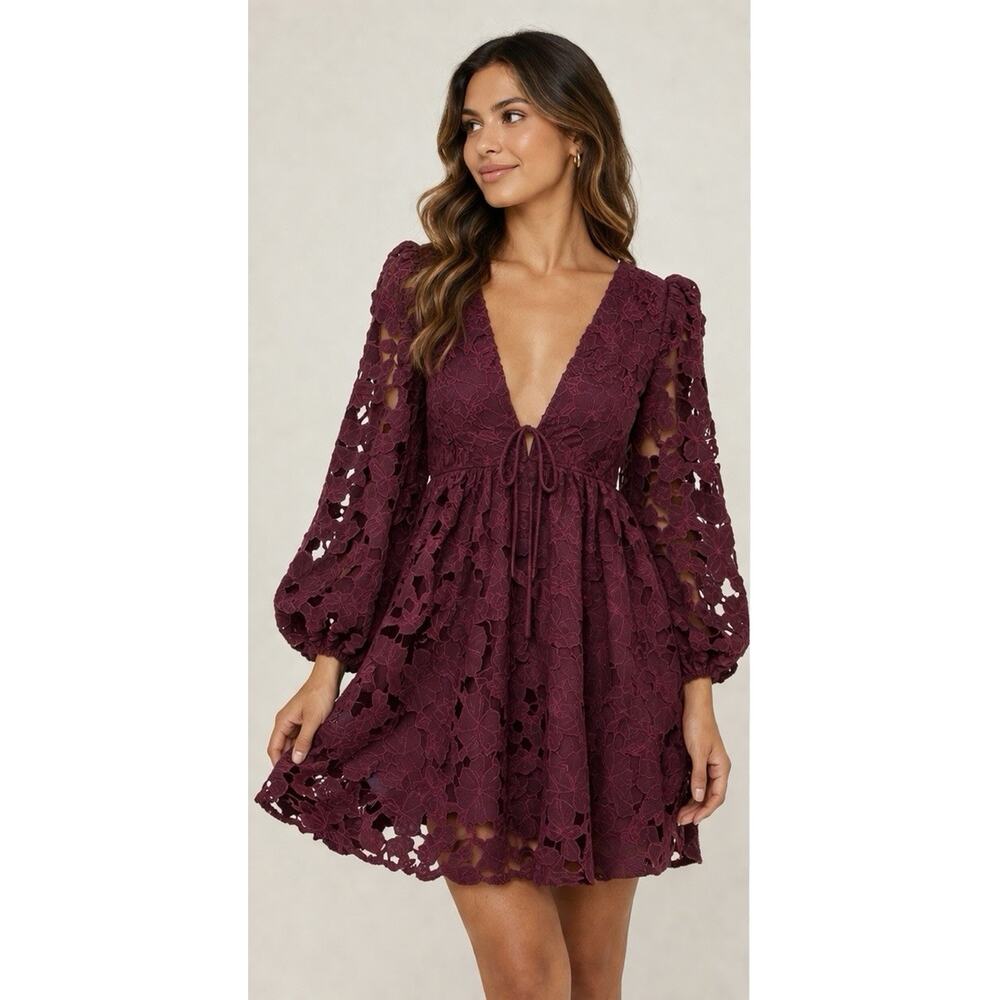 Altar’d State Floral Lace Mini Dress Plum Boho Babydoll Deep V Tie Back Romantic